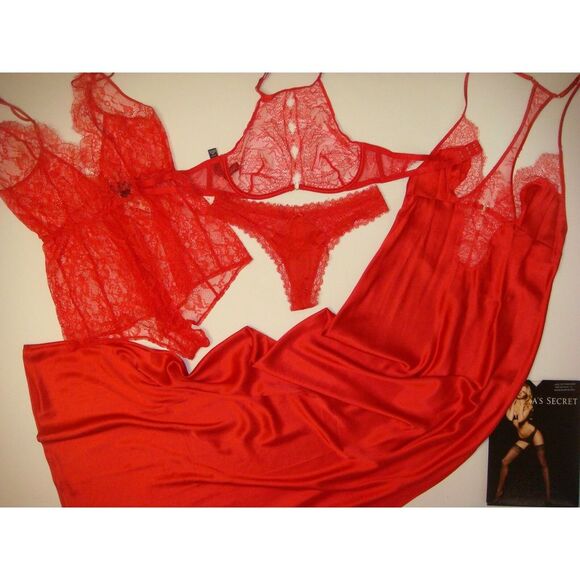Victoria's Secret unlined high-neck 32D,34B BRA SET+S TEDDY+LONG GOWN RED lace